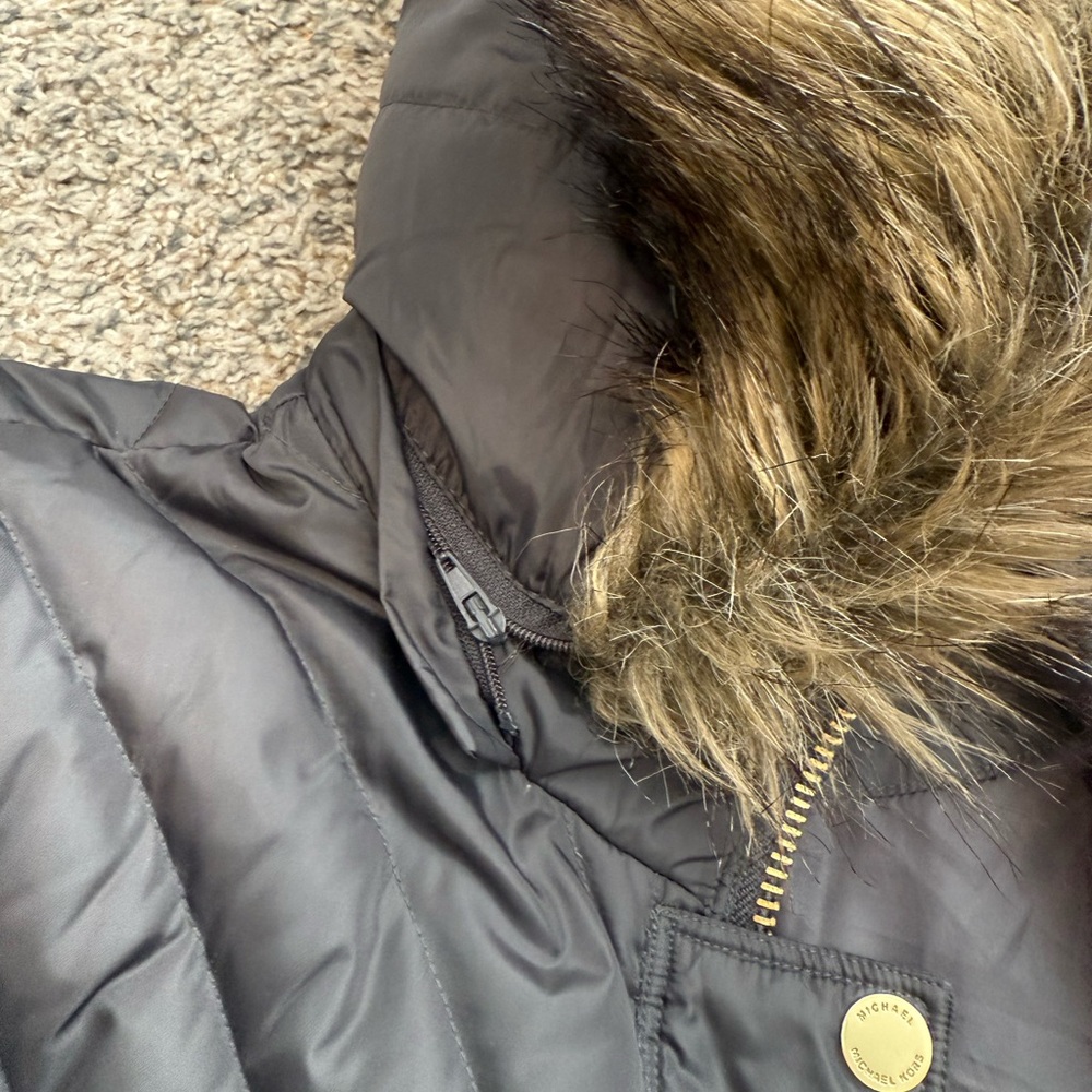 Michael Kors Gray Quilted Coat with Faux Fur Hood - Picture 6 of 10